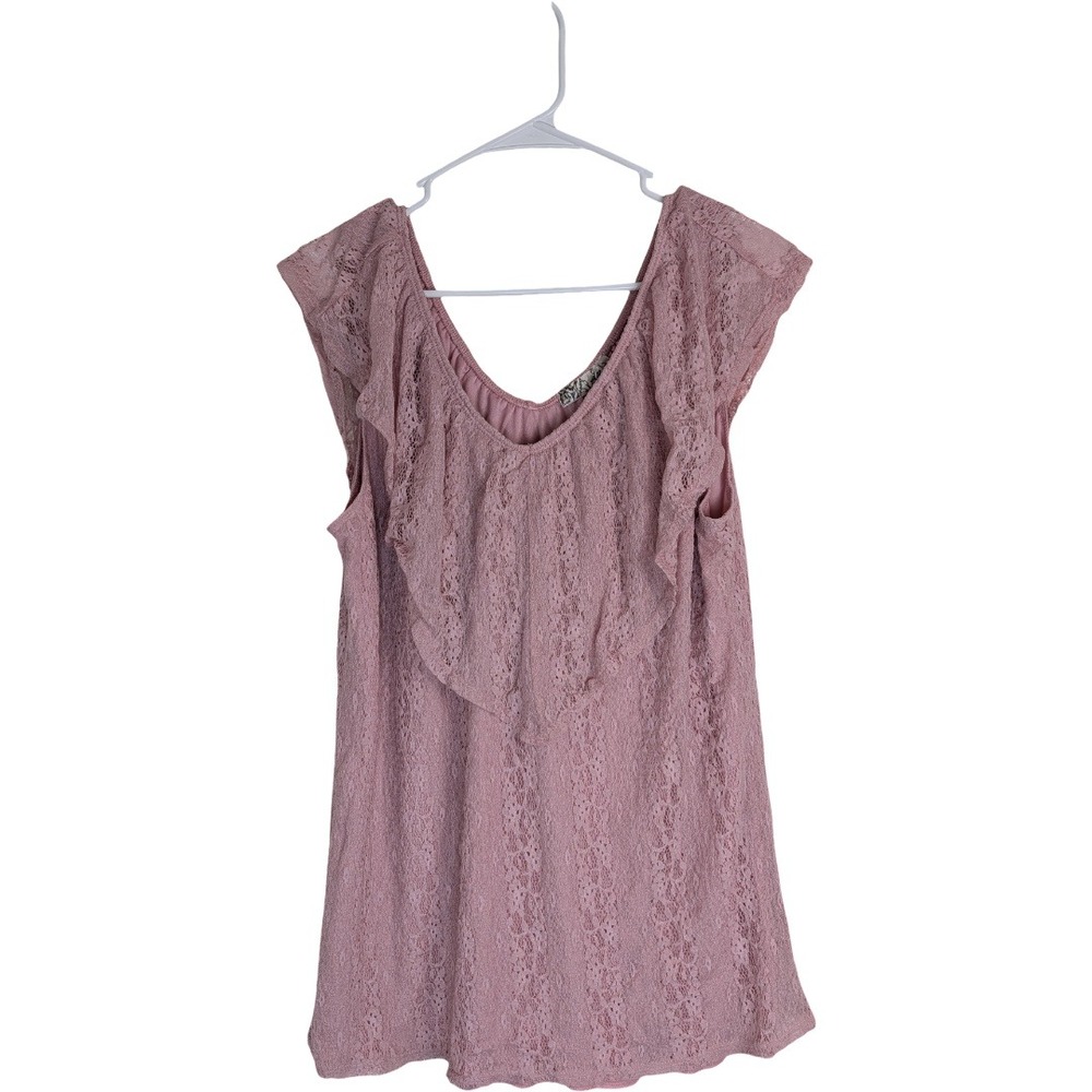 Bella D Tank Top Womens 1X Pink Floral Lace Ruffle Flutter Sleeve Romantic USA